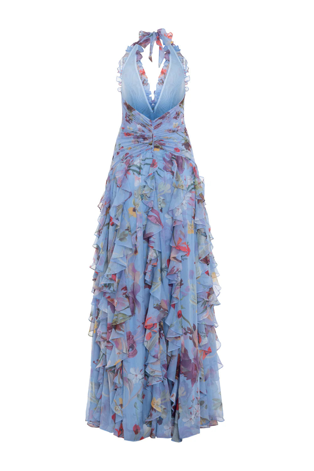 Floral Halter Ruffle Tulle Maxi Dress in Blue Avalabel
