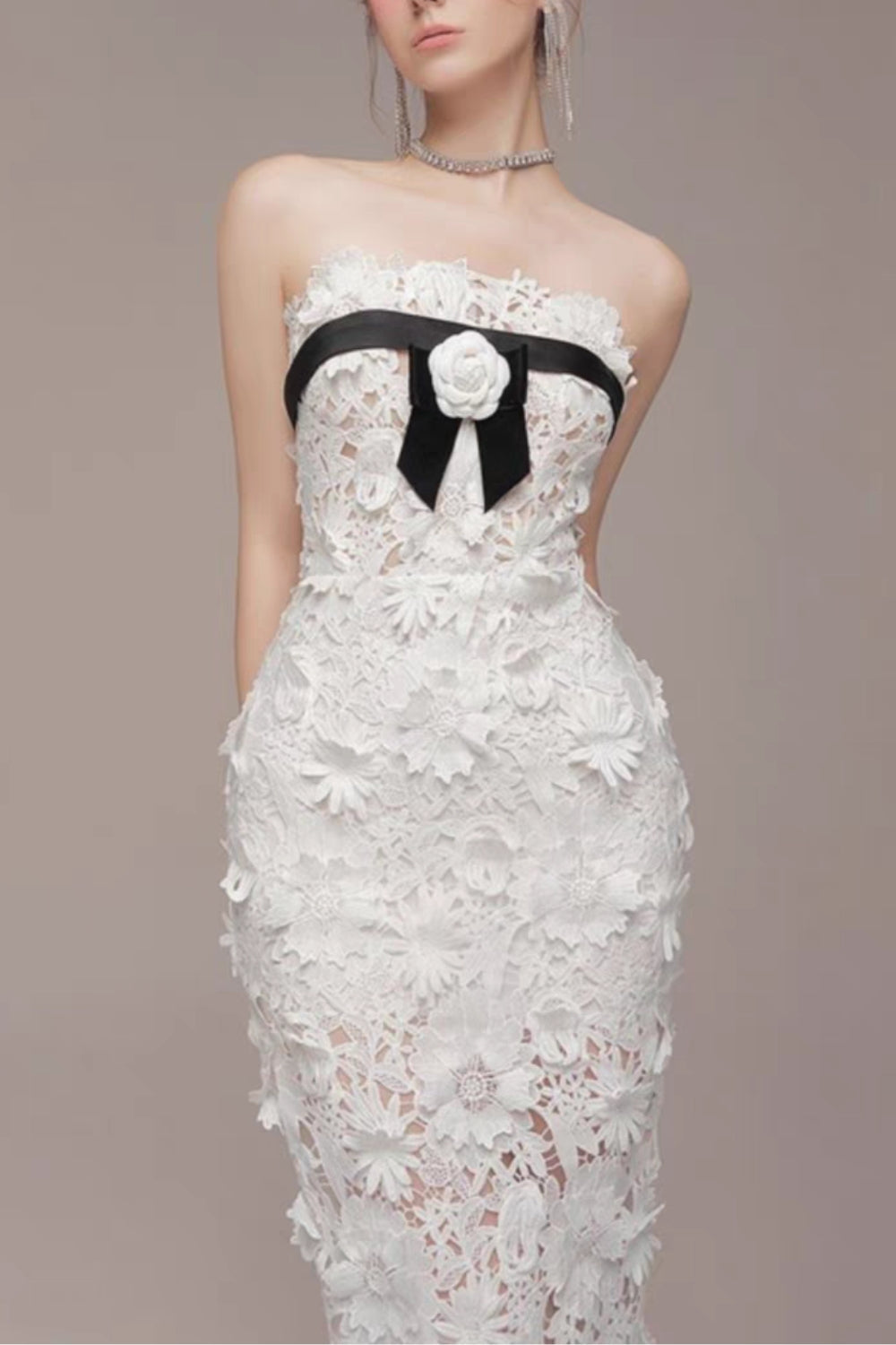 Strapless Flower Embroidery Maxi Dress In White Avalabel