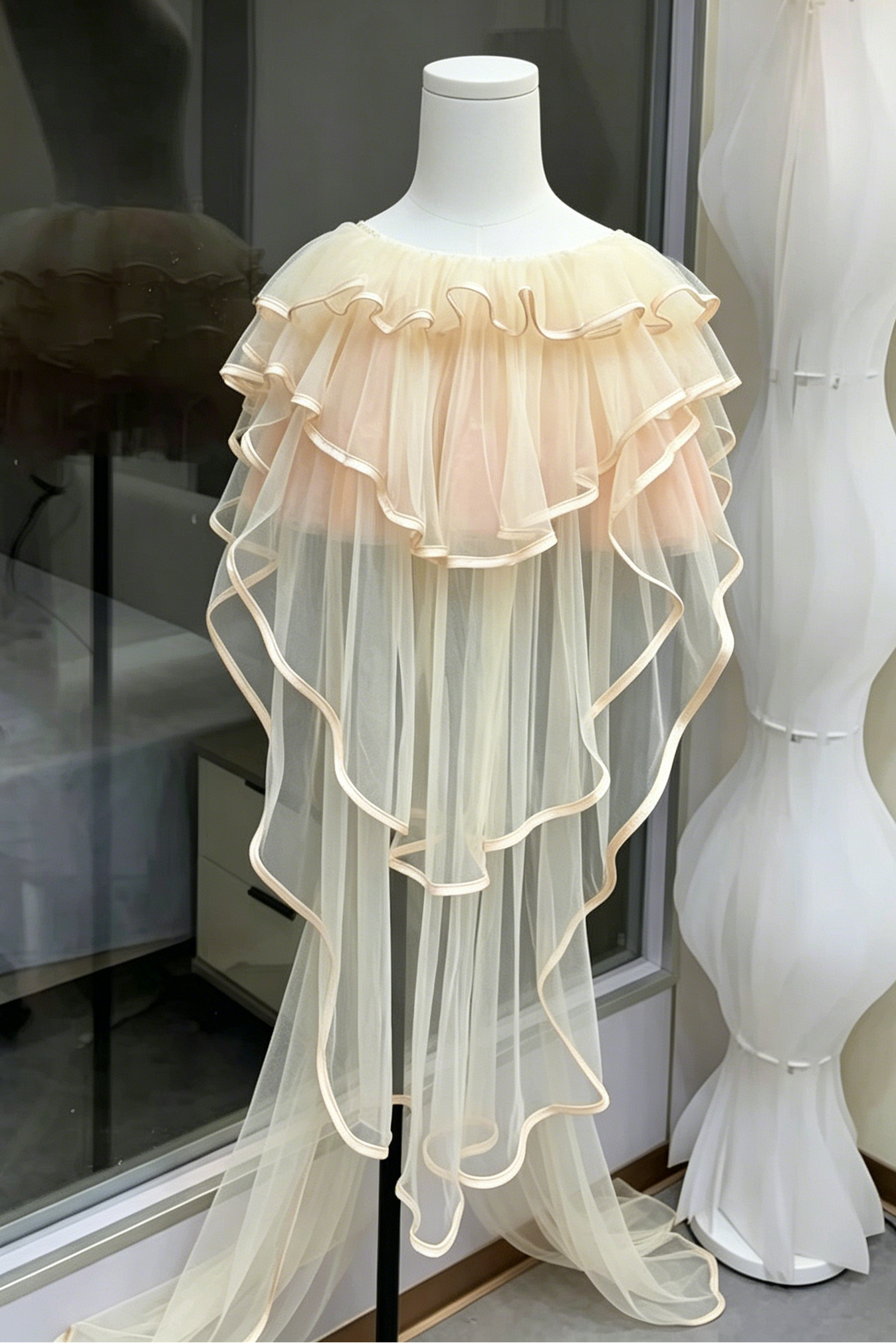 Champagne Strapless 3D Floral Corset Top & High Low Ruffle Tulle Skirt Set Avalabel