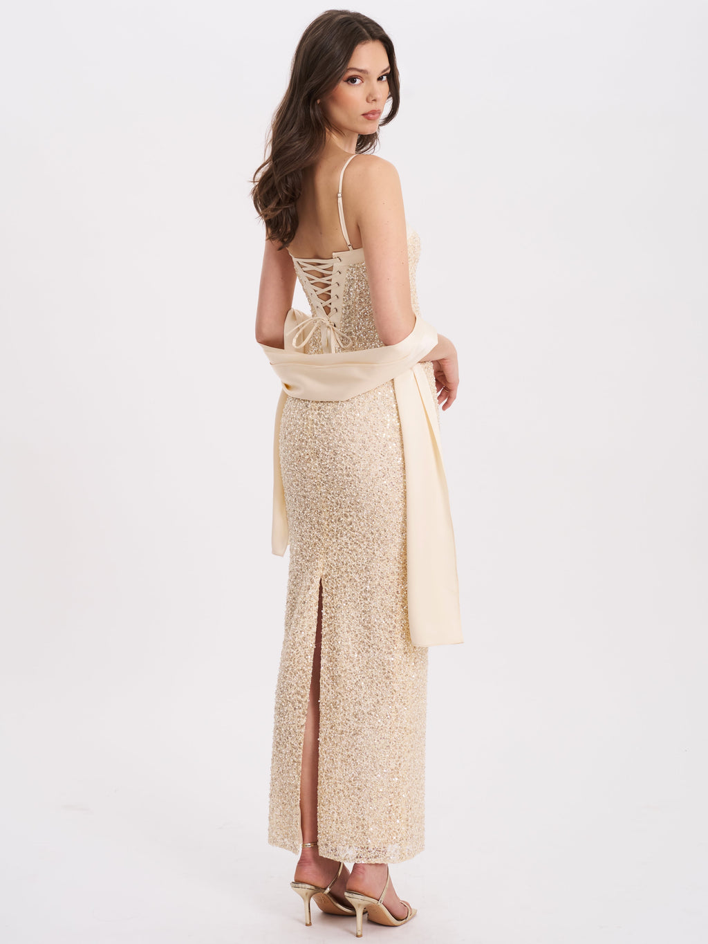 Raizel Gold Beaded Sequin Bodycon Gown with Scarf Avalabel