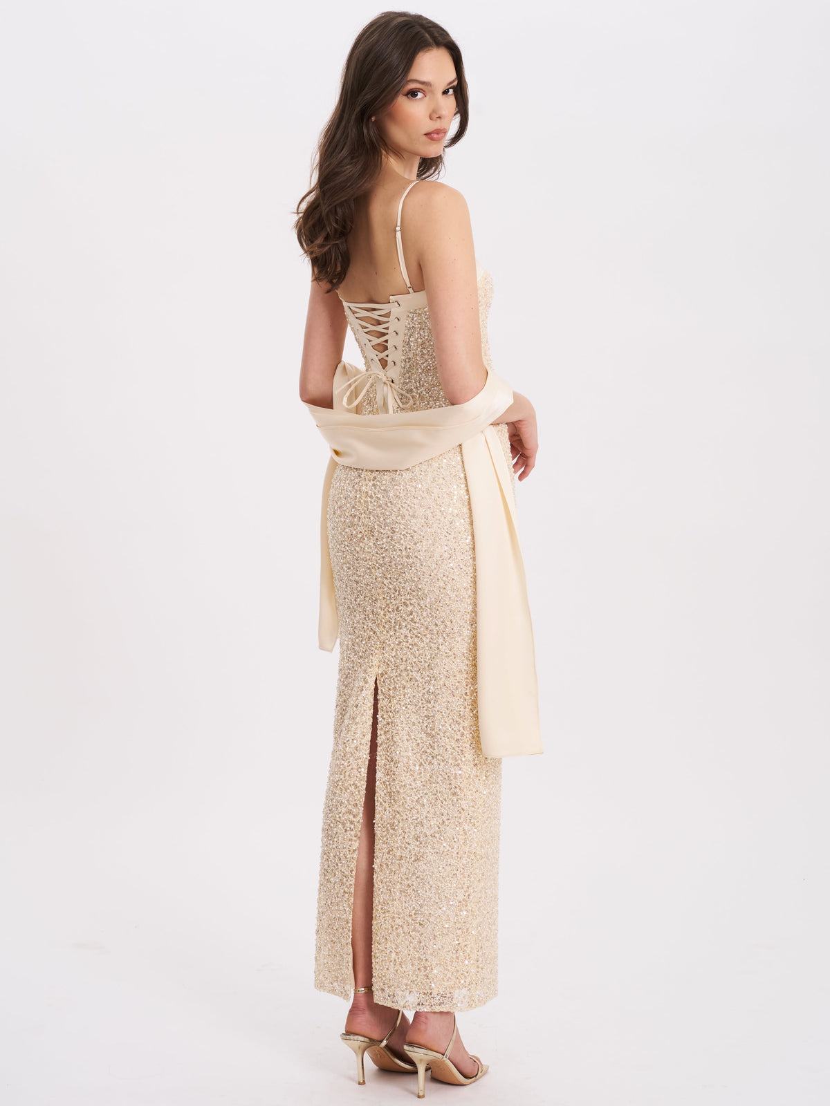 Raizel Gold Beaded Sequin Bodycon Gown with Scarf Avalabel