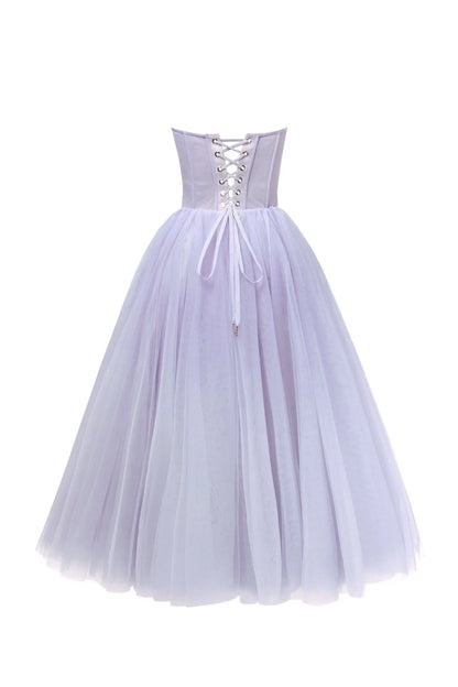 Lavender Strapless Puffy Midi Tulle Dress Avalabel