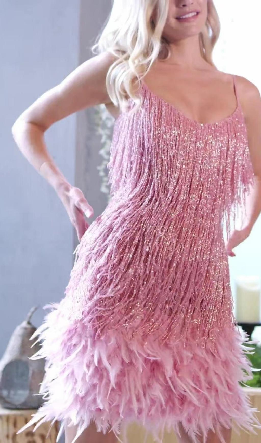 PINK TASSEL FEATHER MINI DRESS Avalabel