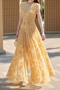 jennifer Lace Flower embellished maxi Dress in yellow Avalabel