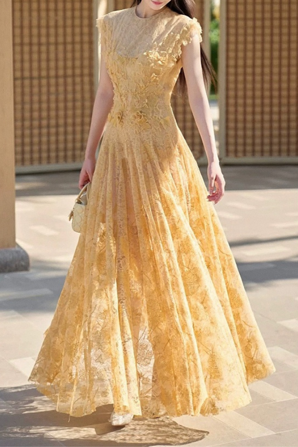 jennifer Lace Flower embellished maxi Dress in yellow Avalabel
