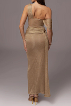 One-Shoulder Draped Bodycon Maxi Dress in Khaki Avalabel