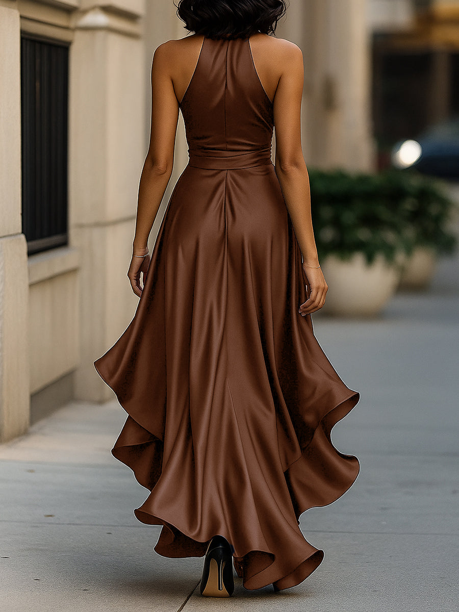 Midnight Elegance Satin Halter Ruffle Gown Avalabel