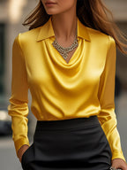 Elegant White Satin Blouse with Draped Neckline Avalabel
