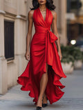 Midnight Elegance Satin Halter Ruffle Gown Avalabel