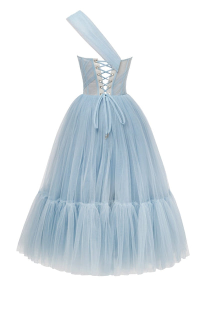 Light Blue One-Shoulder Cocktail Tulle Dress