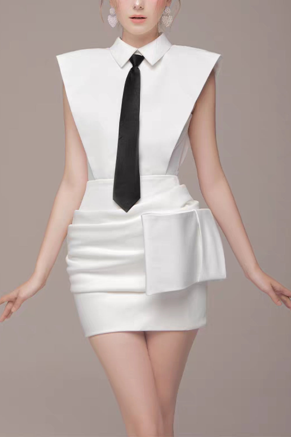 White Bowknot Mini Dress With Necktie Avalabel