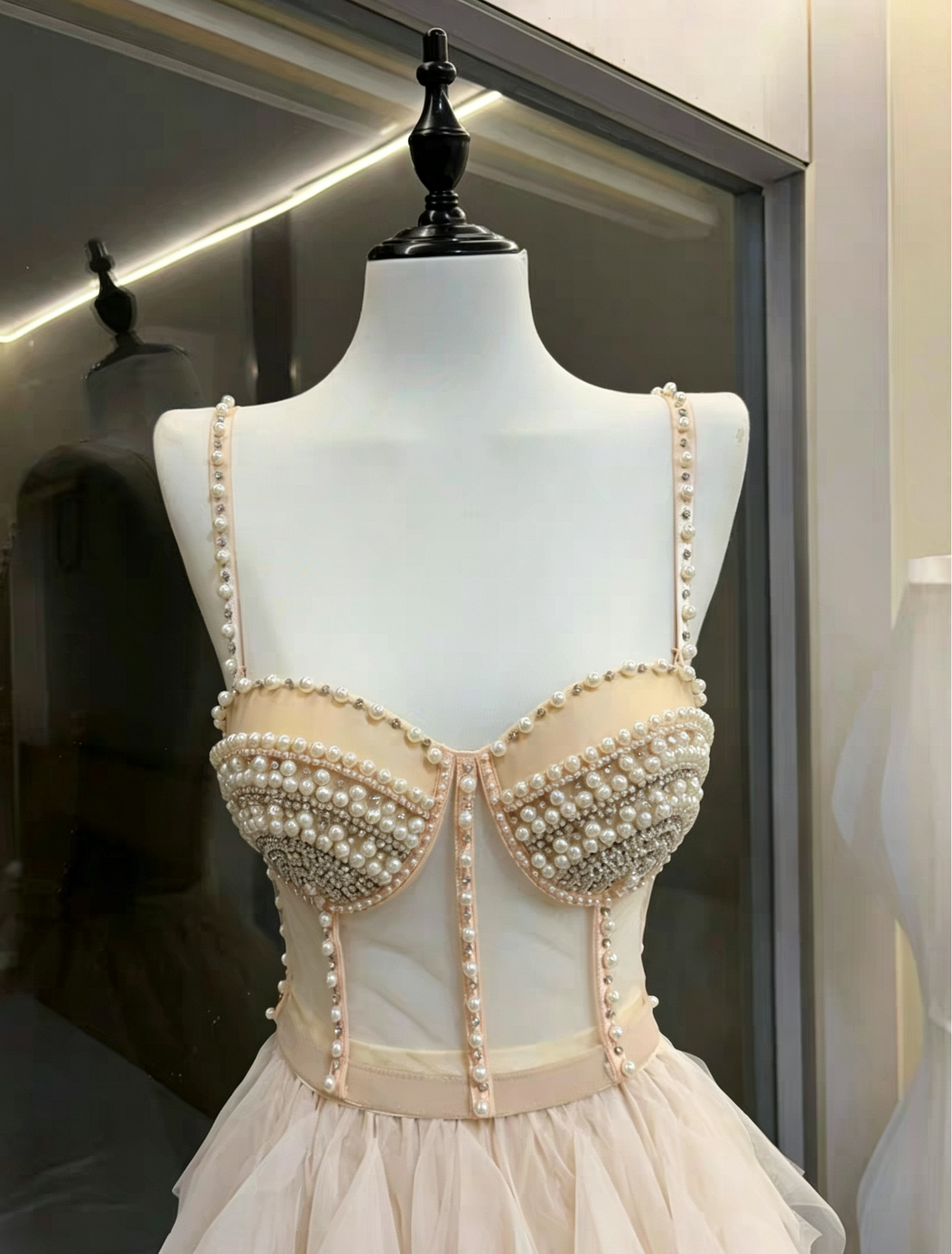 Cream Strapless Pearl Embellished Corset Top & High Low Ruffle Tulle Skirt Set Avalabel