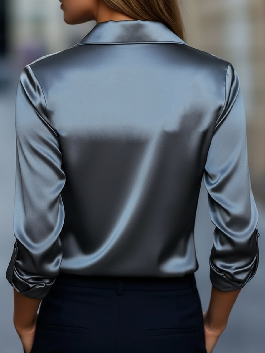 Silver Satin Blouse with Plunging V-Neck Avalabel