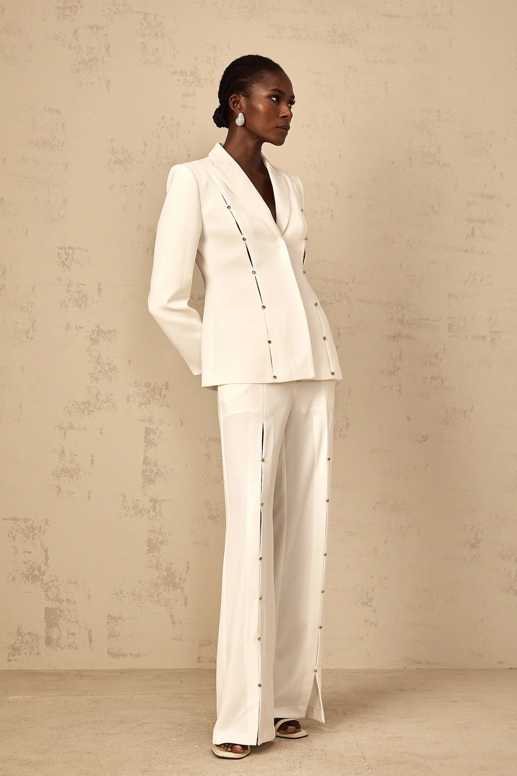 theresa diamond studded hollow out blazer set in white Avalabel
