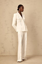 theresa diamond studded hollow out blazer set in white Avalabel