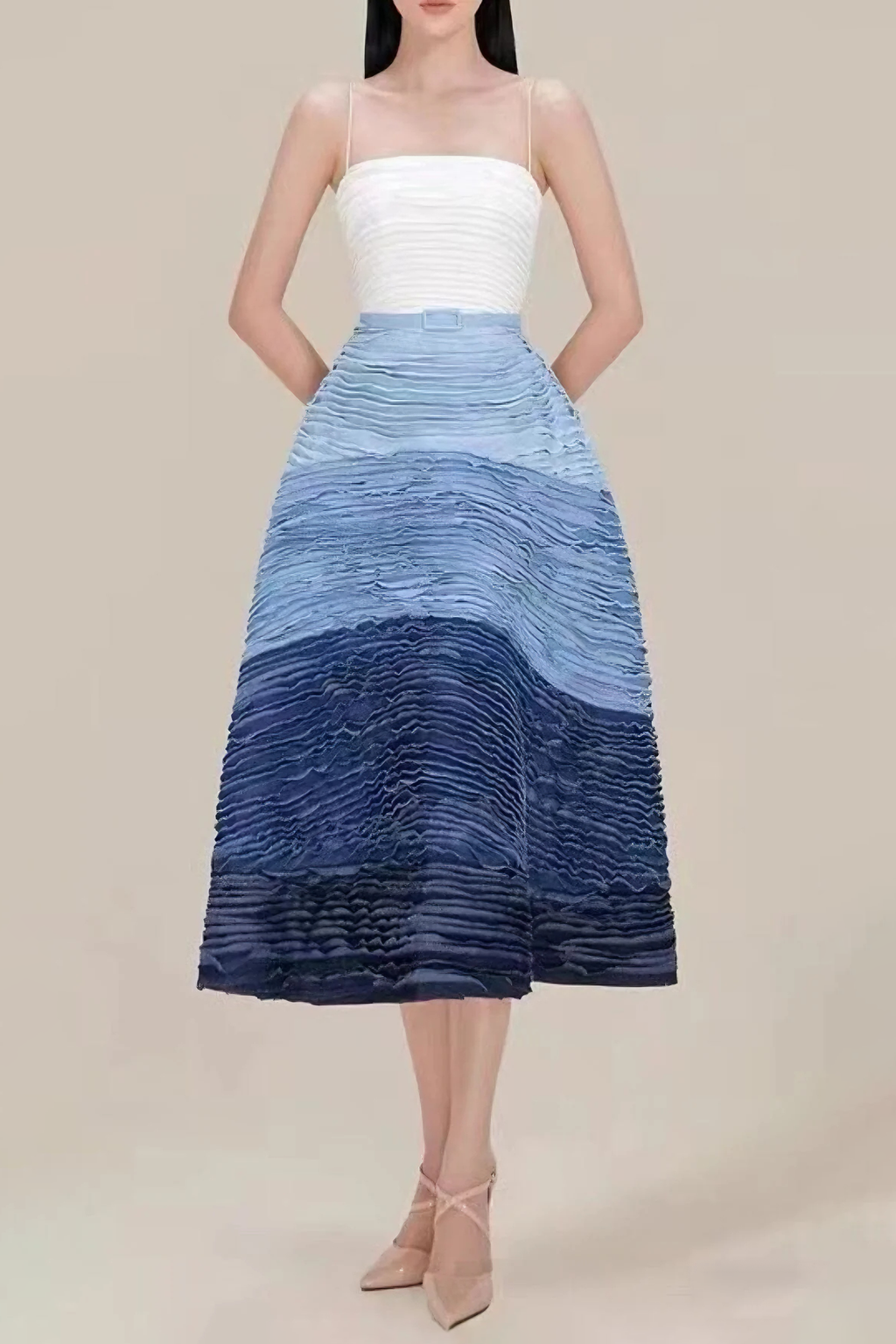 BLUE RIPPLE HALTER MIDI DRESS Avalabel