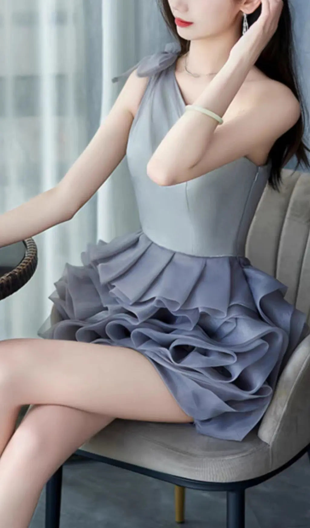 ONE SHOULDER MESH MINI DRESS IN GREY Avalabel