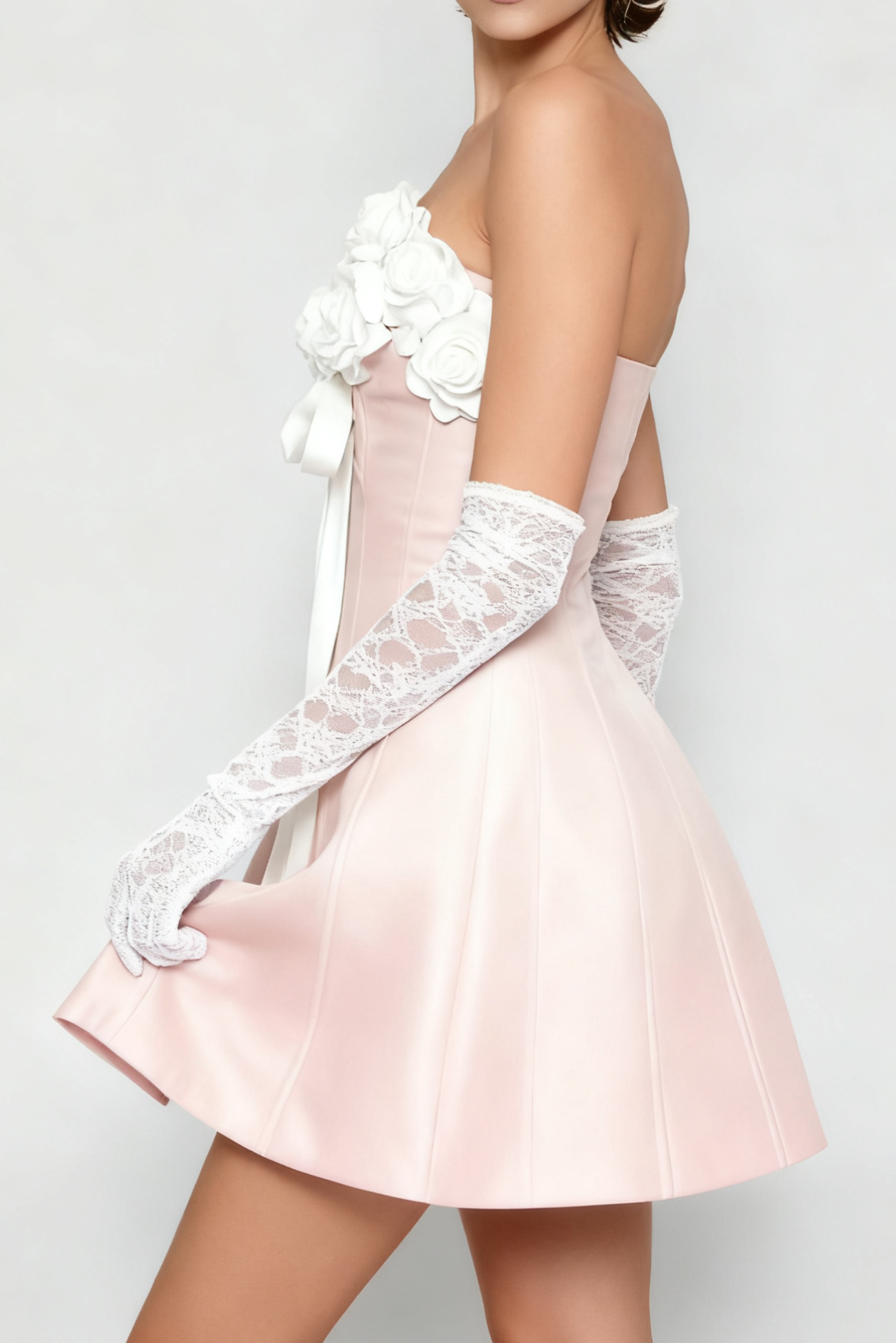 Gladys Strapless 3D Floral Corset A-Line Dress in Pink