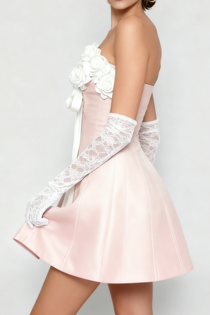 Gladys Strapless 3D Floral Corset A-Line Dress in Pink