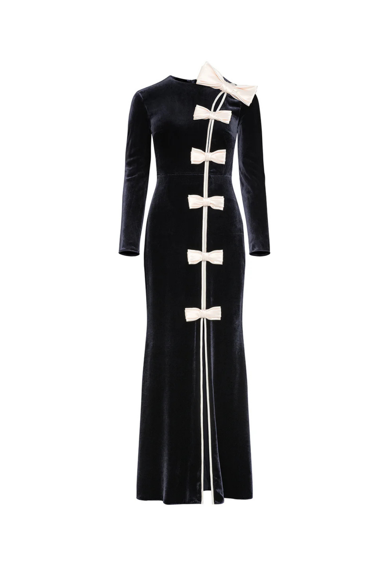 victoria Bow Cascade Velvet Maxi Dress in black Avalabel