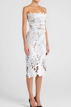 OFF-SHOULDER WHITE FLORAL LACE MIDI DRESS Avalabel