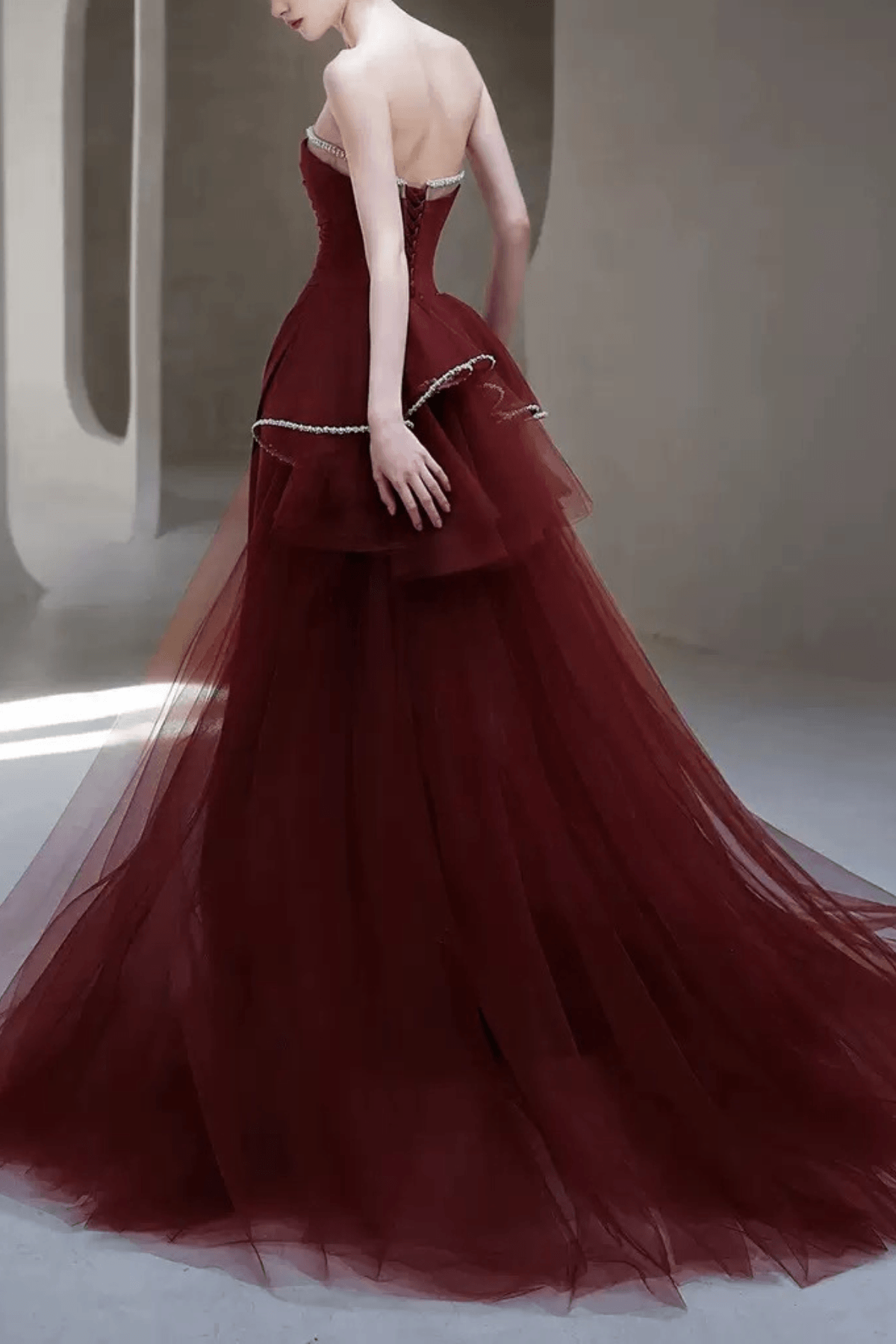Cora Burgundy Strapless Ruched Tulle Dress Avalabel