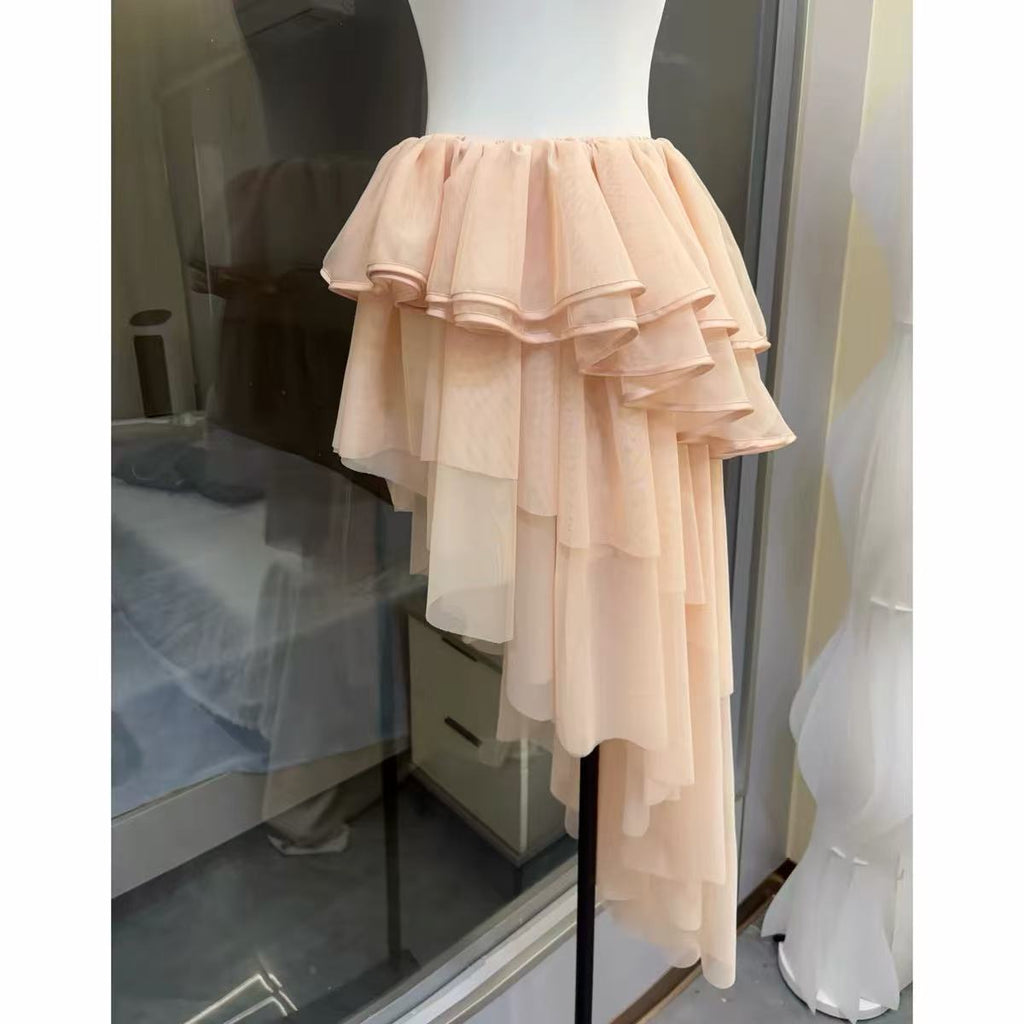 Blush Spaghetti Strap 3D Floral Corset Top & High Low Tiered Tulle Skirt Set Avalabel