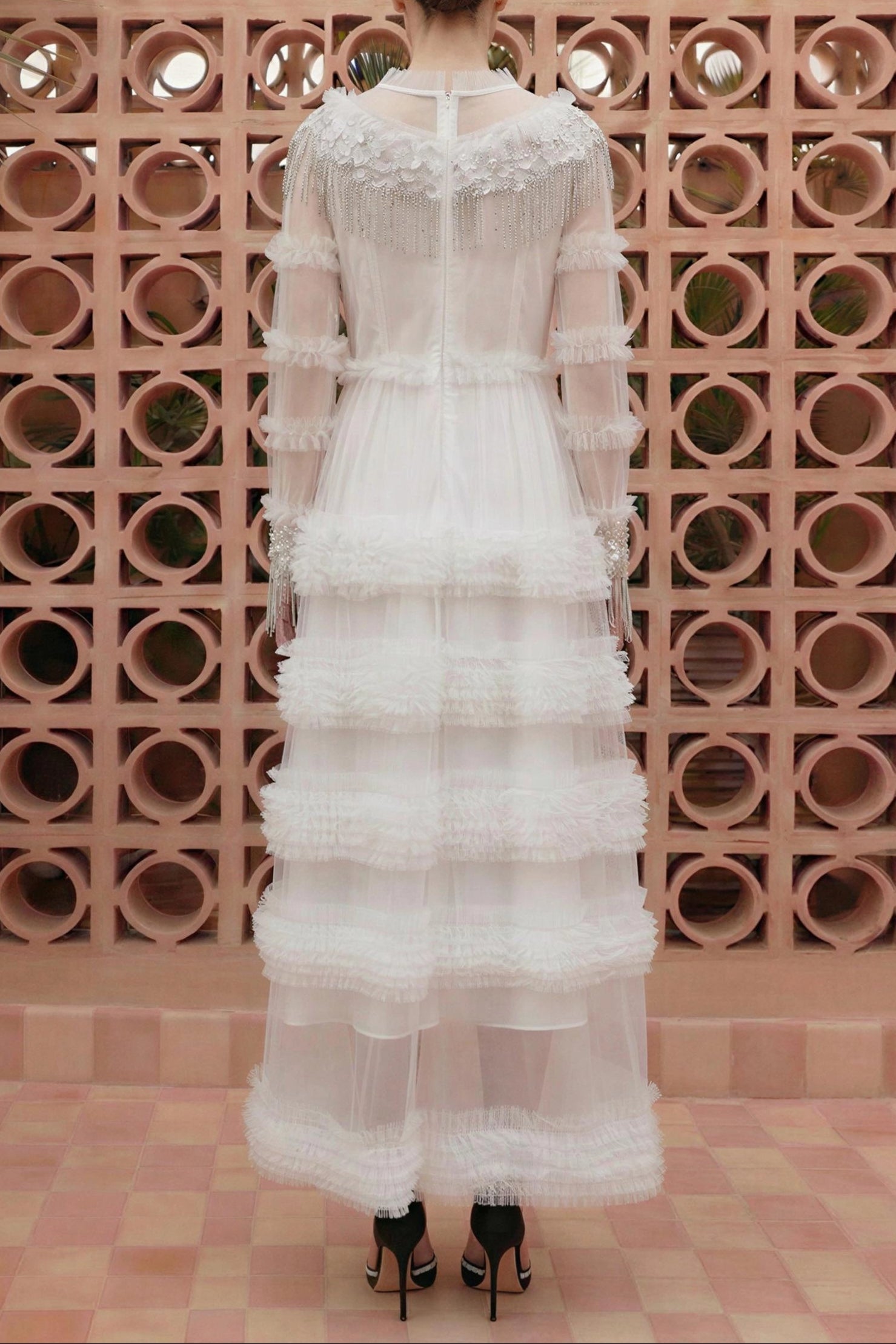 Kimberley White Beaded Frill Round Neck Midi Dress Avalabel