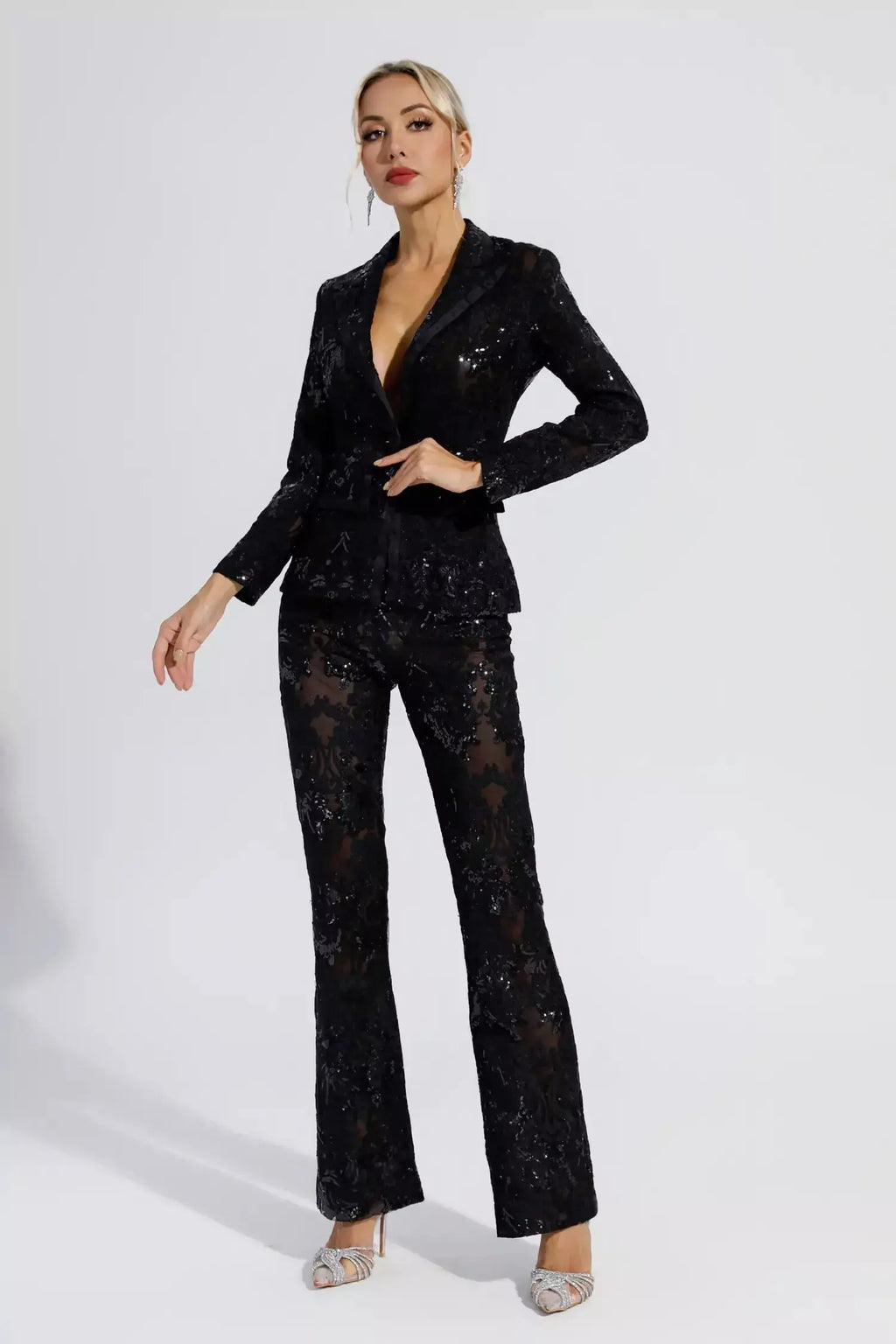 vicky Black Cutout floral embroidered Sequin Blazer Set Avalabel