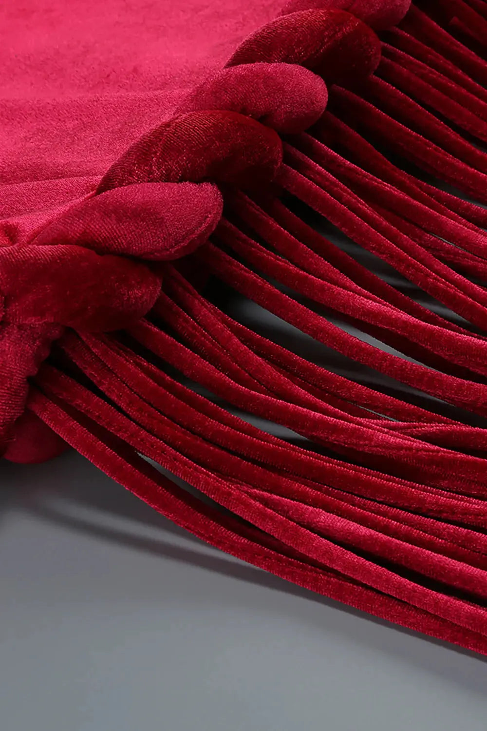 michaelia halterneck Fringe Velvet Dress in Burgundy Avalabel