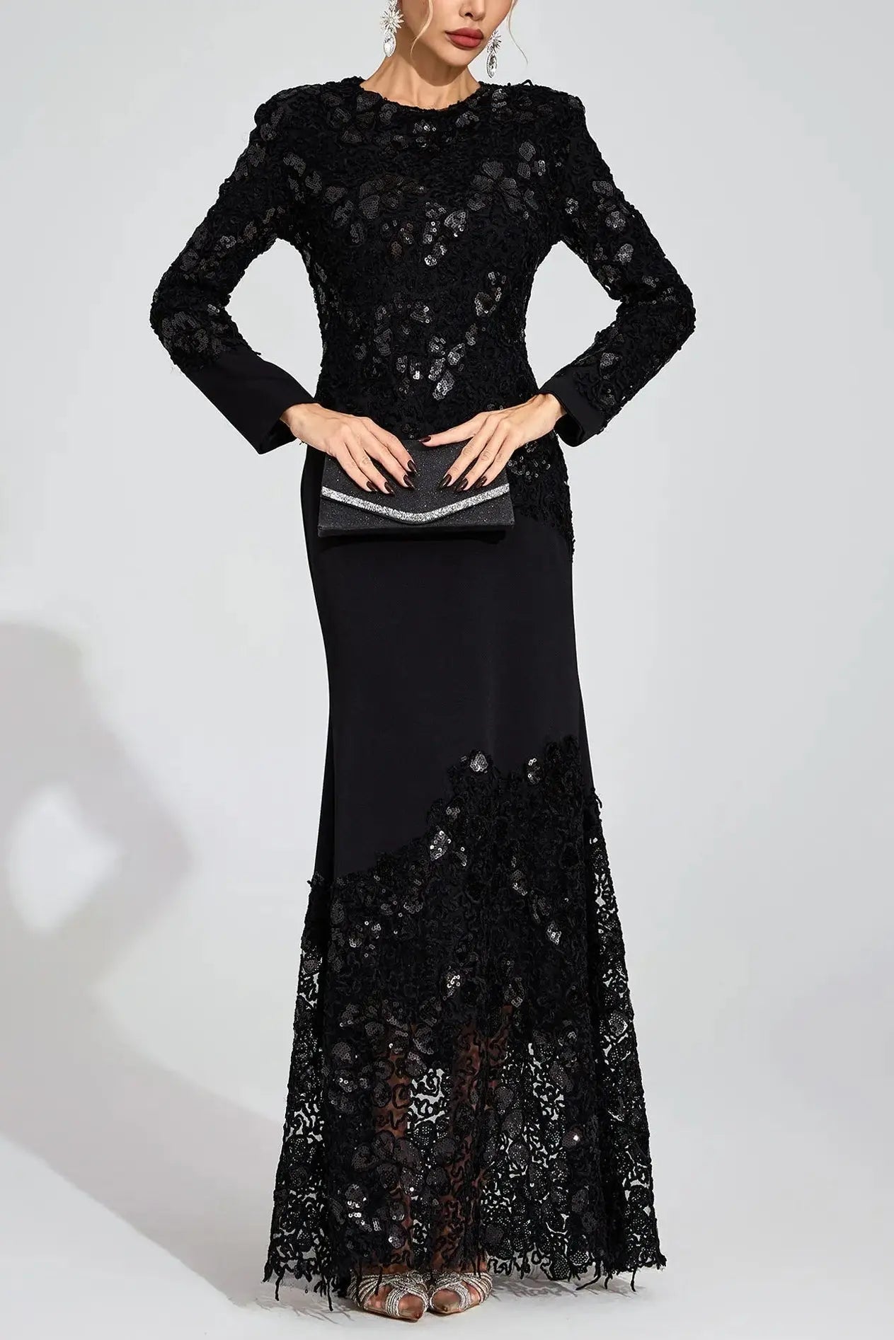 joanna Black long sleeve Embroidered Maxi Dress Avalabel