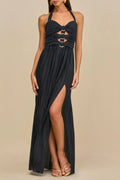 bonnie halter pleated cutout maxi dress in navy blue Avalabel
