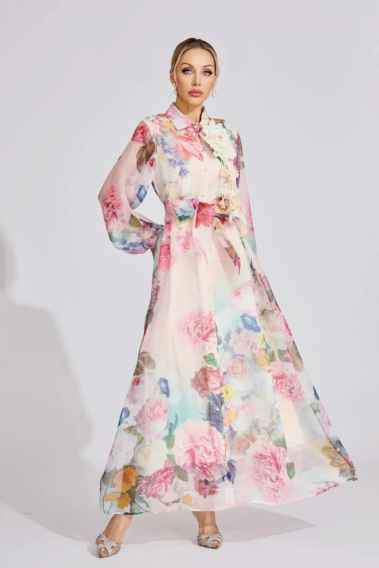 Vivien Pink Floral Printed Lantern Sleeve Maxi Dress Avalabel