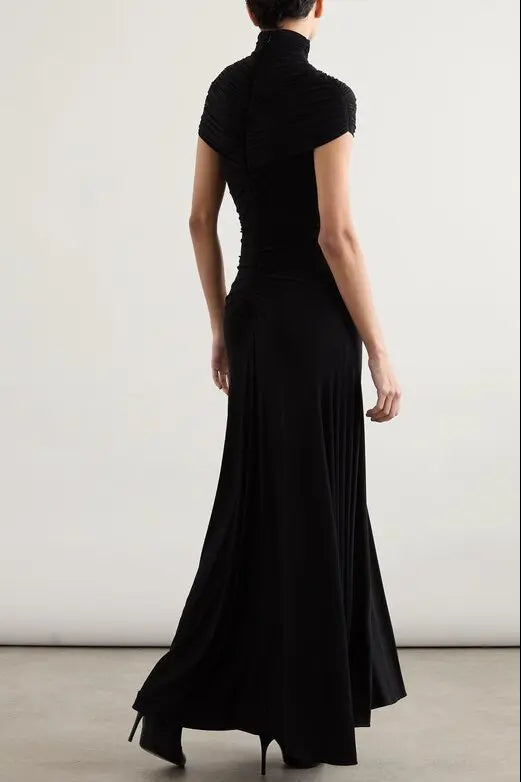 Lillian Gathered High-Neck Maxi Dress in Black