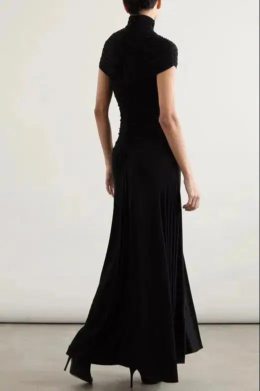 Lillian Gathered High-Neck Maxi Dress in Black Avalabel