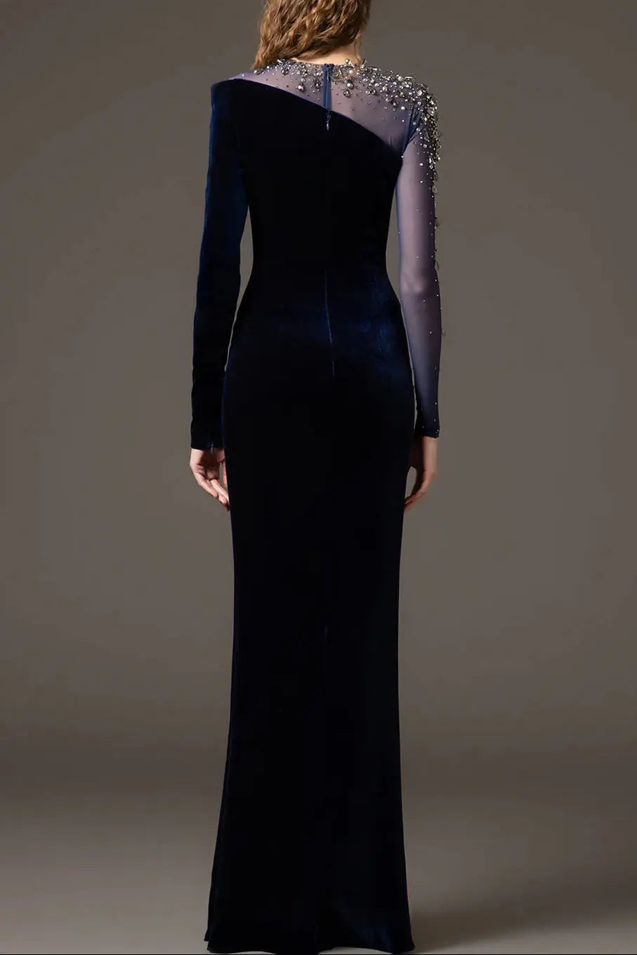 riva crystal patchwork Velvet Column maxi Dress in dark blue Avalabel
