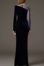 riva crystal patchwork Velvet Column maxi Dress in dark blue Avalabel