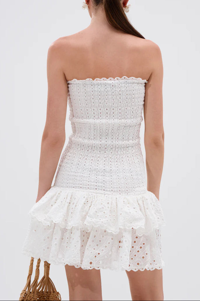 eyelet layered strapless mini dress in white Avalabel