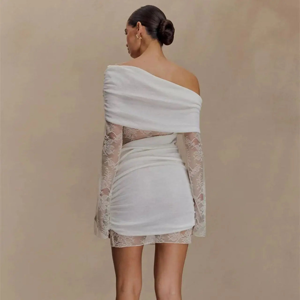 White lace strapless spliced knitted mini dress Avalabel