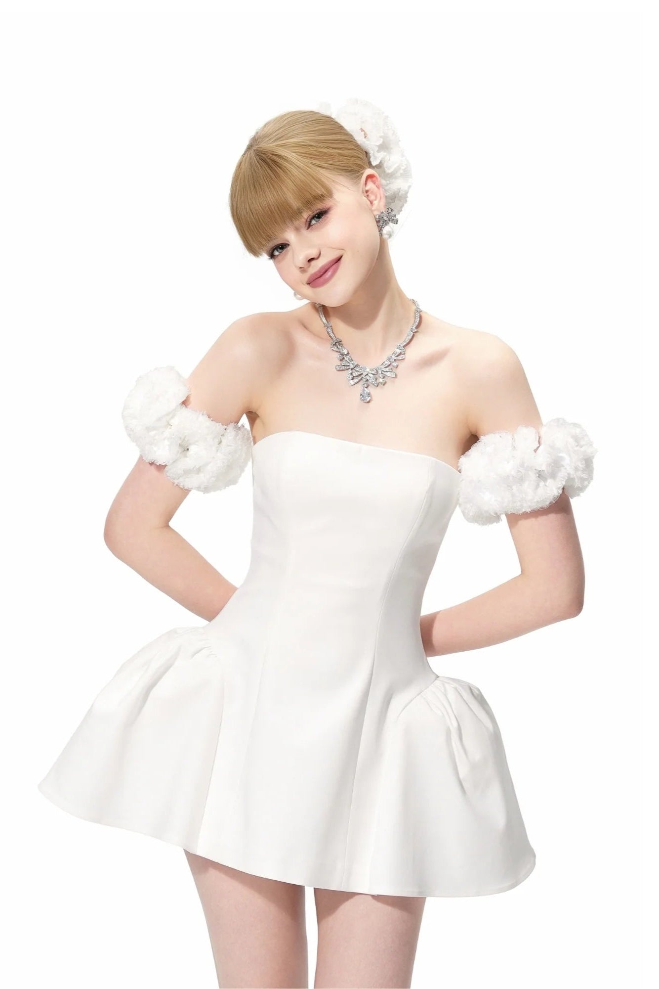 Sherry Flower Strapless Puffy Mini Dress in White