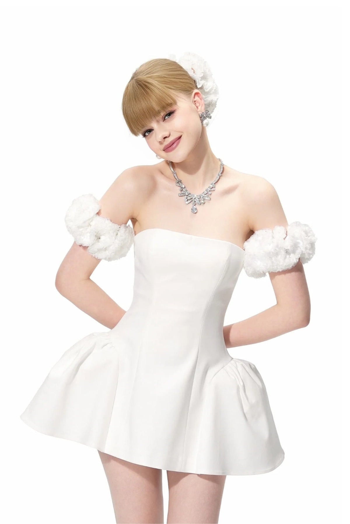 Sherry Flower Strapless Puffy Mini Dress in White Soraya