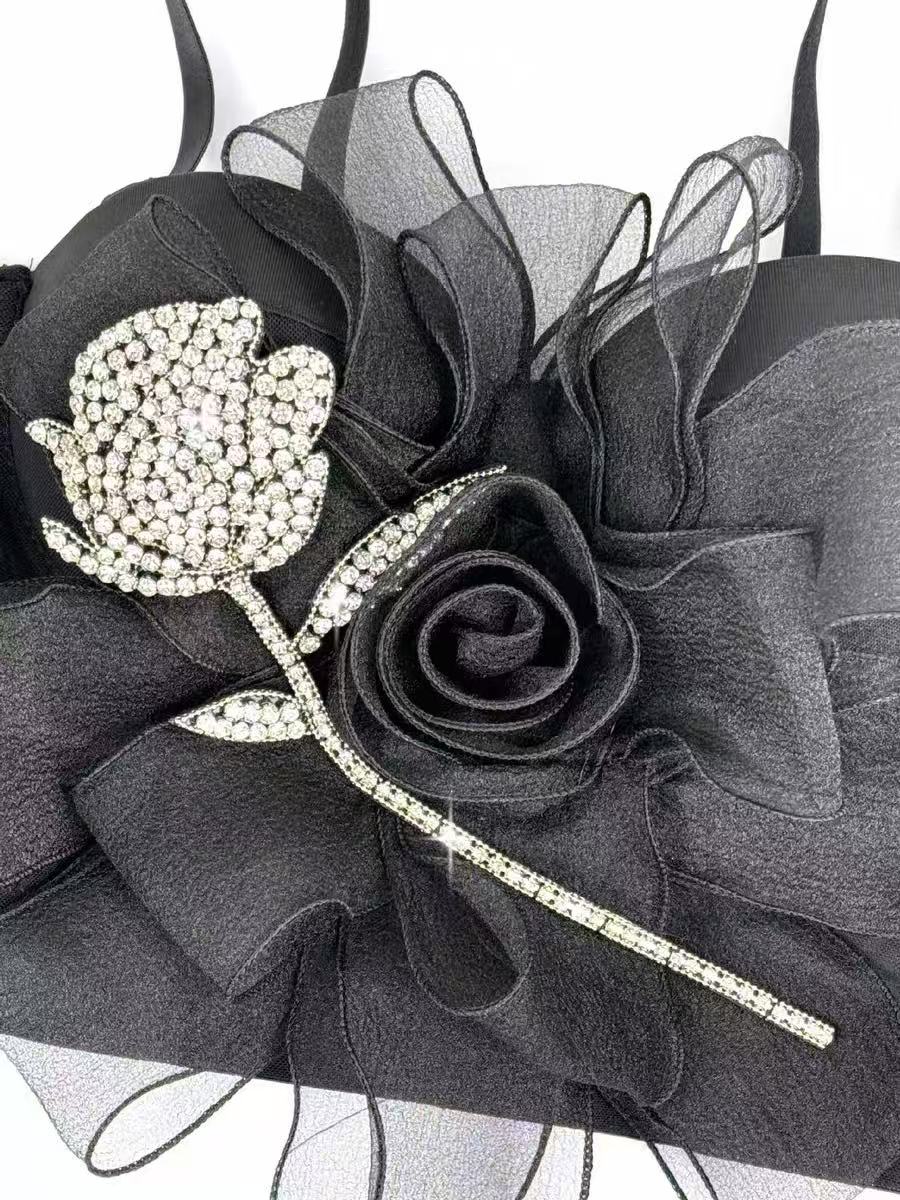 Rhinestone Rose Corset & Fluffy Tulle Mini Skirt Two-Piece Set - Avalabel