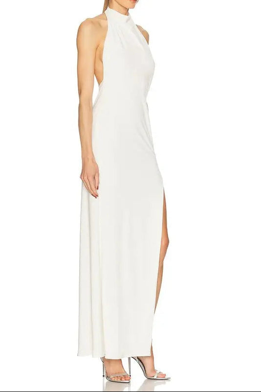 sharon halter backless high slit diamond maxi dress in white Avalabel