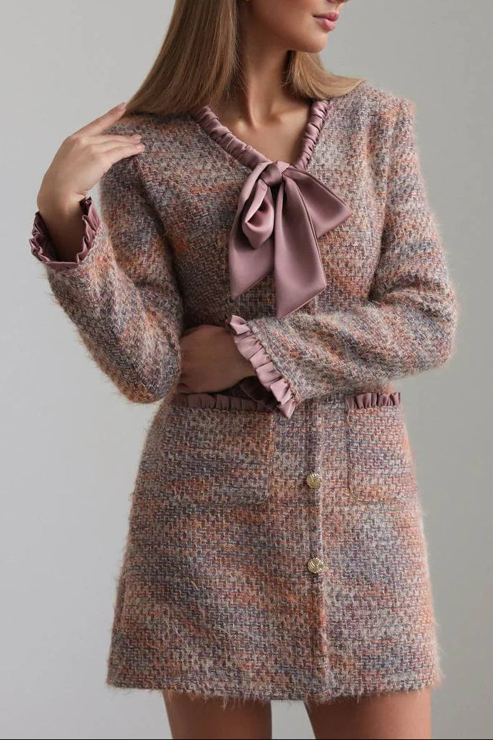xylia bow v-neck long sleeve mini dress in multicolor Avalabel