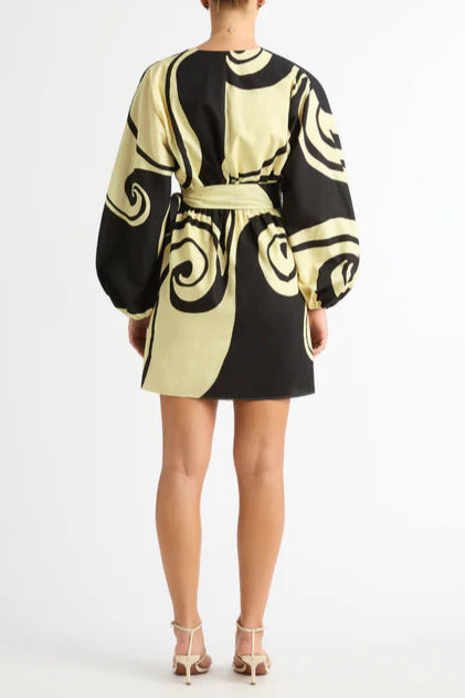 Oceanic Swirl V-Neck Puff Sleeve Mini Dress