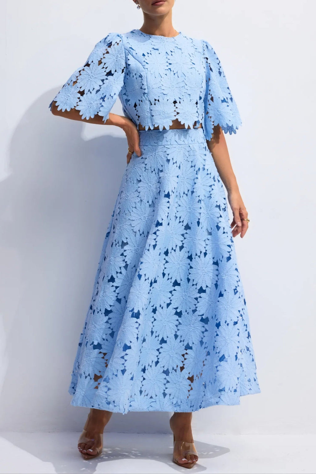 Lace Embroidered Top & Maxi Skirt Two-Piece Set in Blue Avalabel