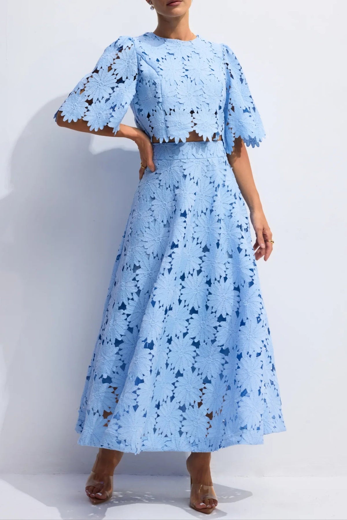 Lace Embroidered Top & Maxi Skirt Two-Piece Set in Blue Avalabel