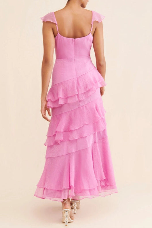 Lucy Chiffon Ruffle Layered Midi Dress in Pink