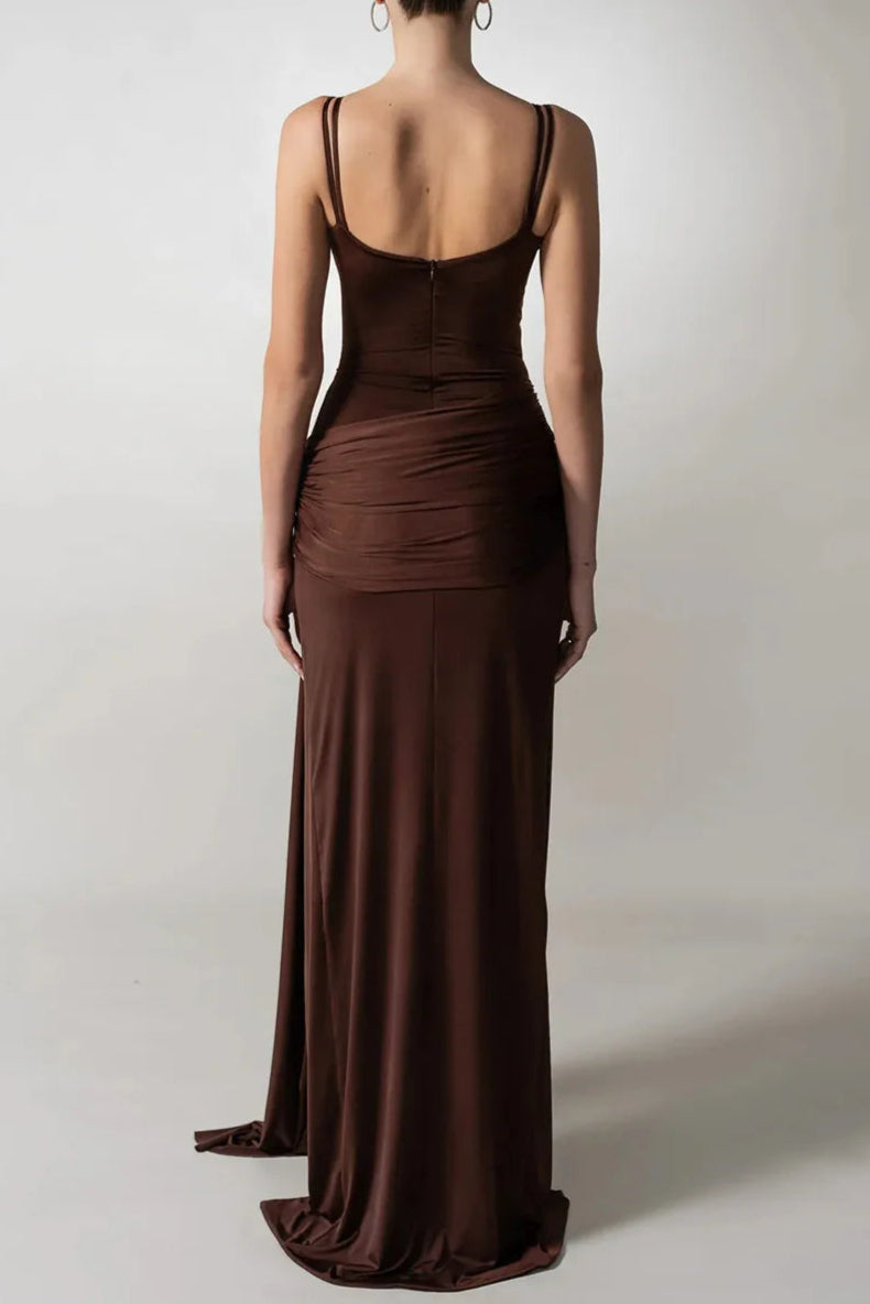 Pleated Strappy Draped Slit Maxi Dress in Brown Avalabel