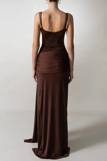 Pleated Strappy Draped Slit Maxi Dress in Brown